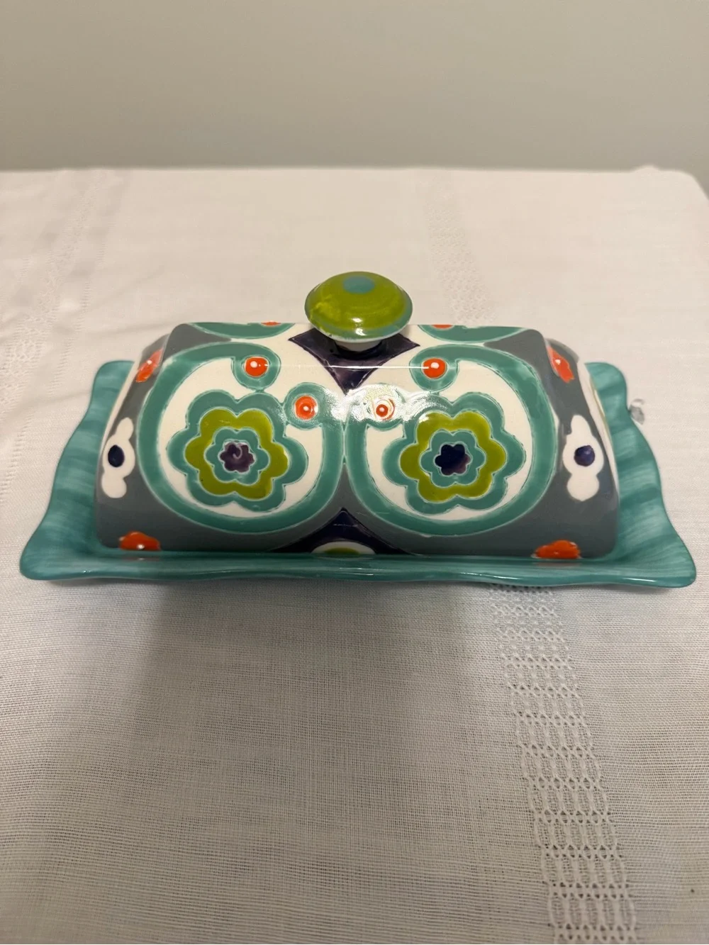 Anthropologie Colorful Floral Ceramic Covered Butter Dish Teal Green Boho